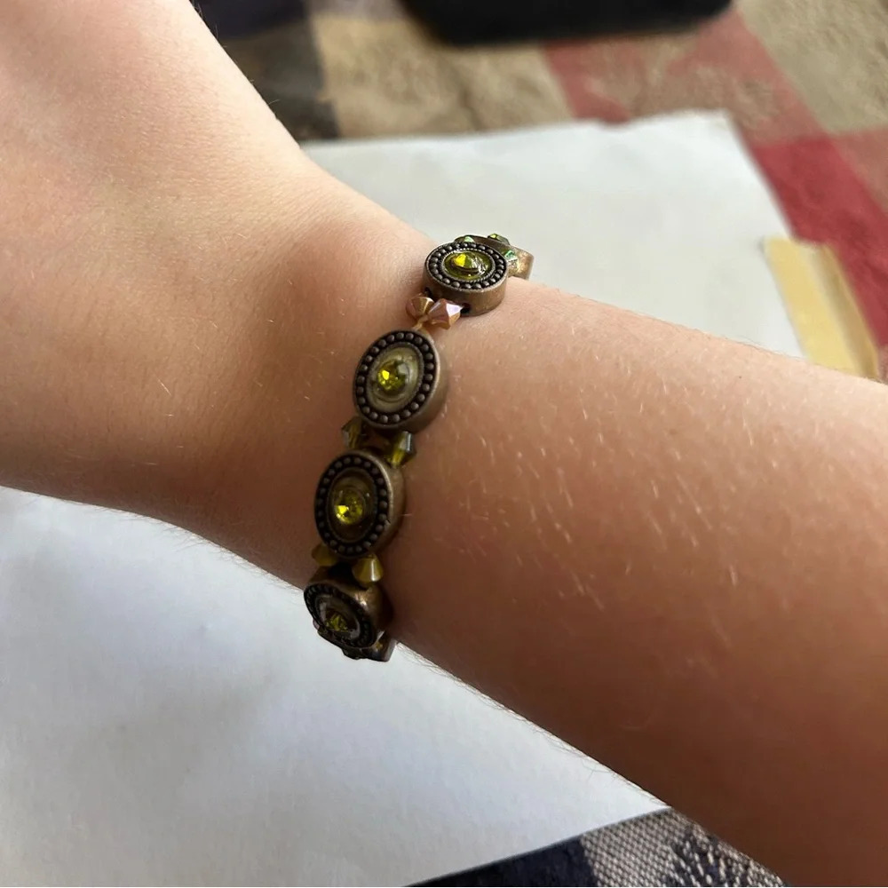 3/$20 Ornate Brown With Green Crystal Beaded Thin Elastic Bracelet